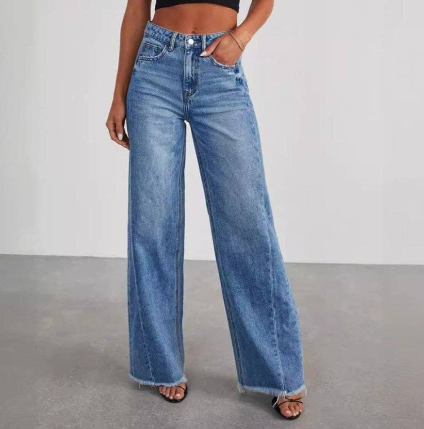 Loose Wide Leg Jeans With Raw Hem: DENIM BLUE, M