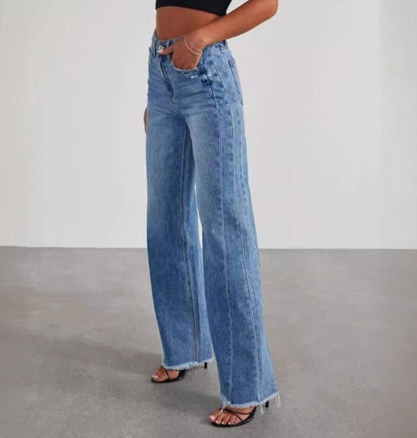 Loose Wide Leg Jeans With Raw Hem: DENIM BLUE, M