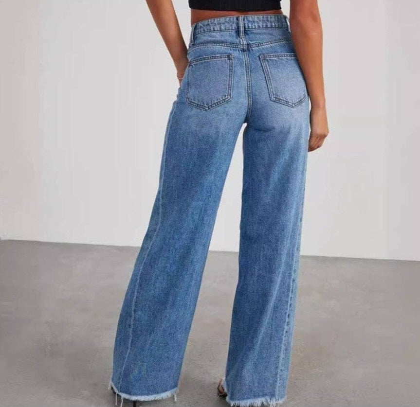 Loose Wide Leg Jeans With Raw Hem: DENIM BLUE, M