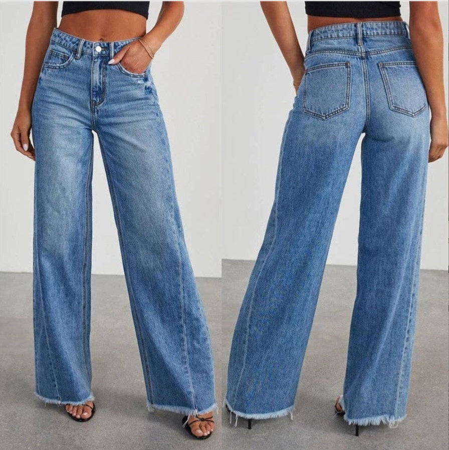 Loose Wide Leg Jeans With Raw Hem: DENIM BLUE, M