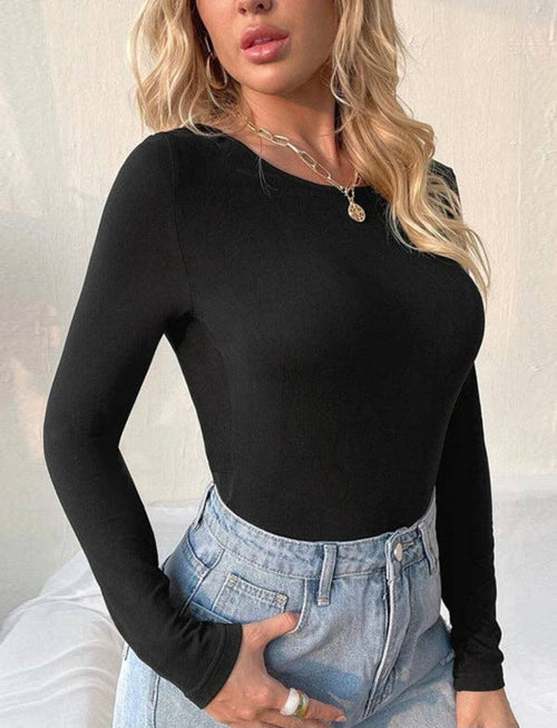 Backless Knot Solid Color Long Sleeves Skinny Round-Neck T-Shirts Tops: BLACK, S