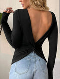 Backless Knot Solid Color Long Sleeves Skinny Round-Neck T-Shirts Tops: BLACK, S